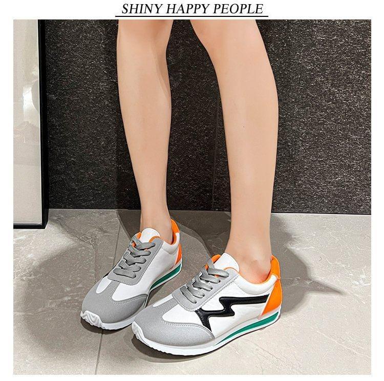 Color Block Lace-Up Faux Leather Sneakers Product Image