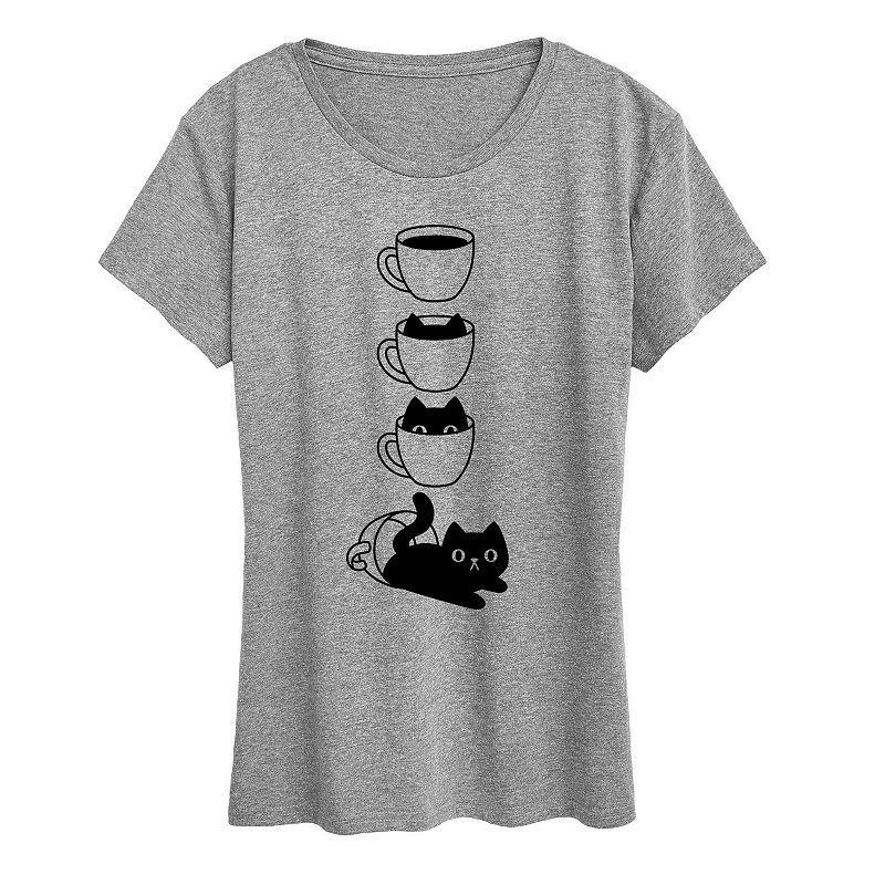 Womens Cat Coffee Cup Graphic Tee, Girls Grey Gray Product Image