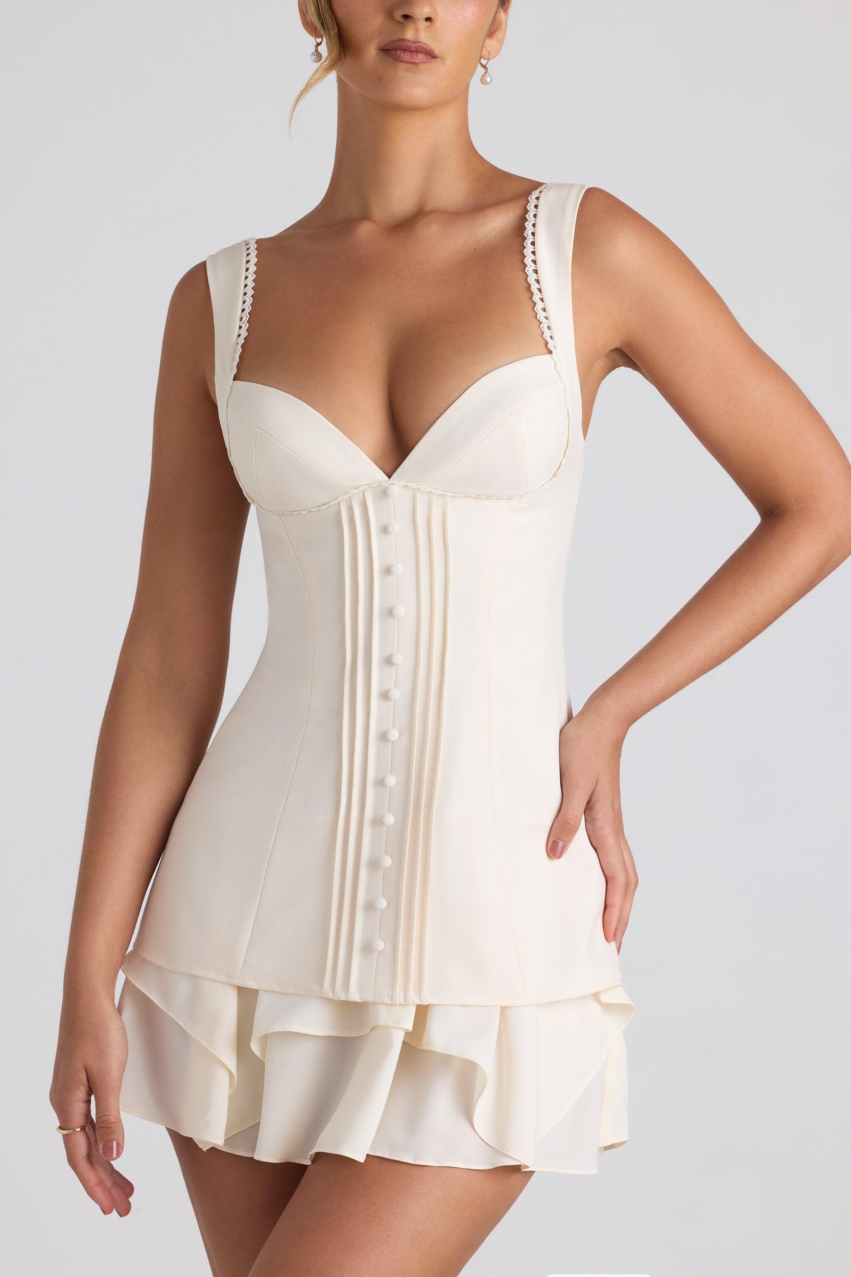 Ruffle-Trim Button-Detail Corset Mini Dress in Ivory Product Image