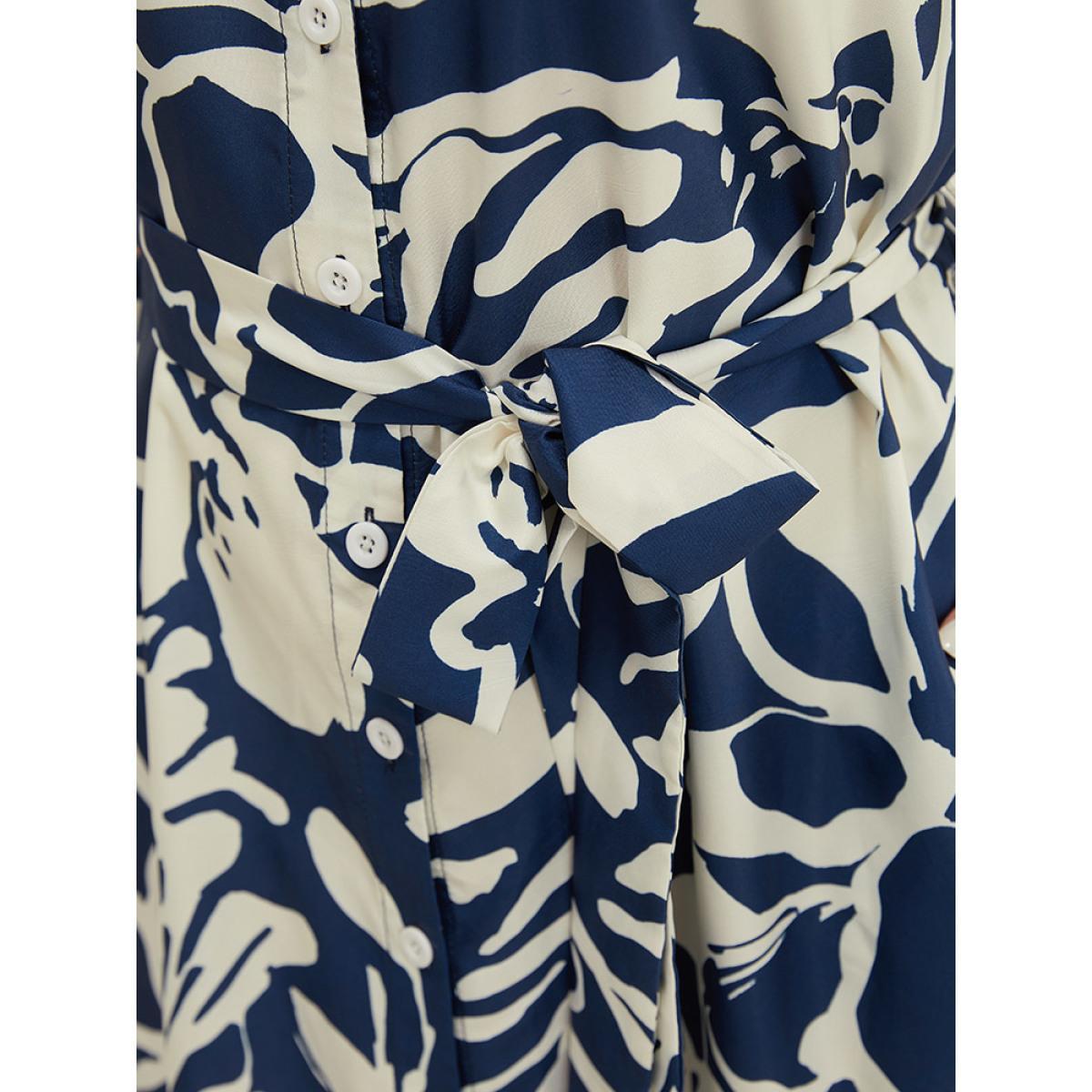 Plus Size Geometric Print Flutter Pocket Belt Shirt Collar Dress DarkBlue Women Elegant Lapel Collar Short sleeve Curvy Knee Dress BloomChic 30/6X Product Image