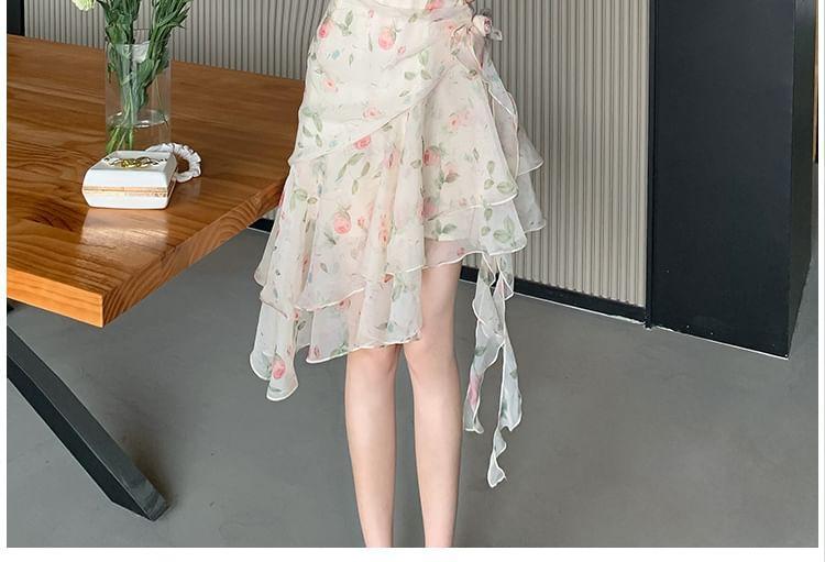 Spaghetti Strap Floral Print Asymmetrical Bow Accent Layered Ruffle A-Line Dress Product Image