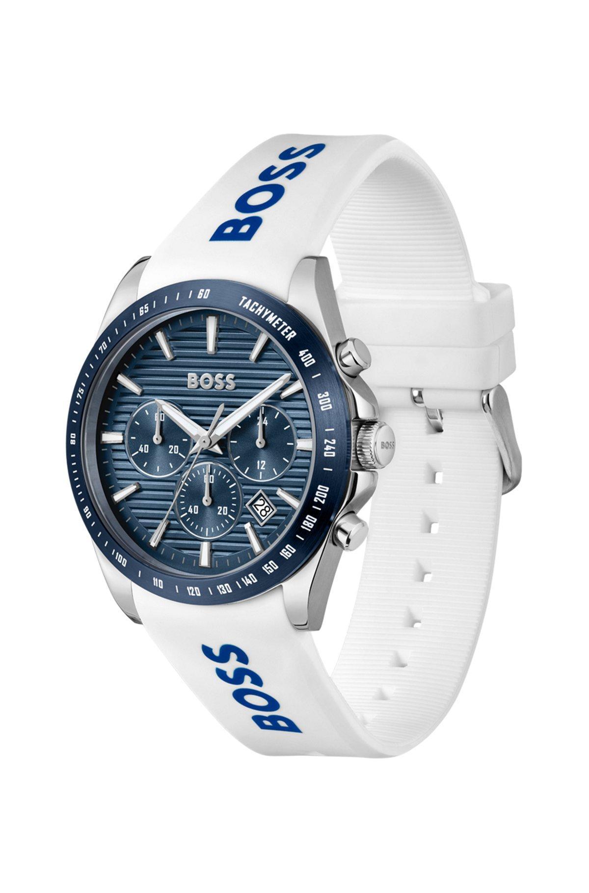 Grooved-dial chronograph watch with silicone logo strap Product Image