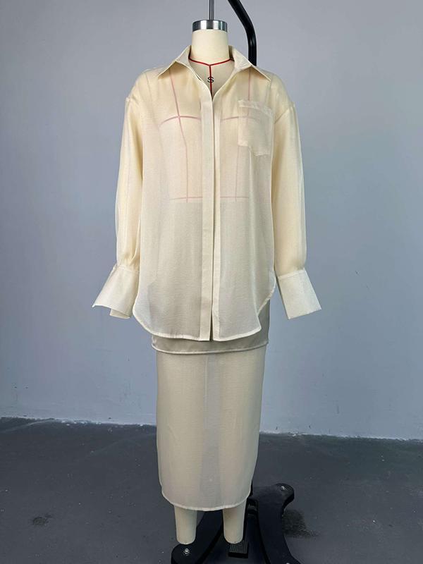 Loose Solid Color See-Through Long Sleeves Lapel Blouse + Skirt Two Pieces Set Product Image