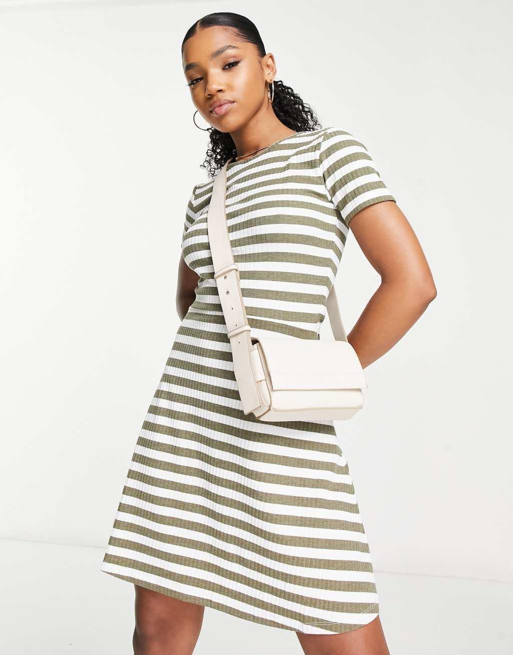 Only short sleeve skater dress in green stripe Product Image