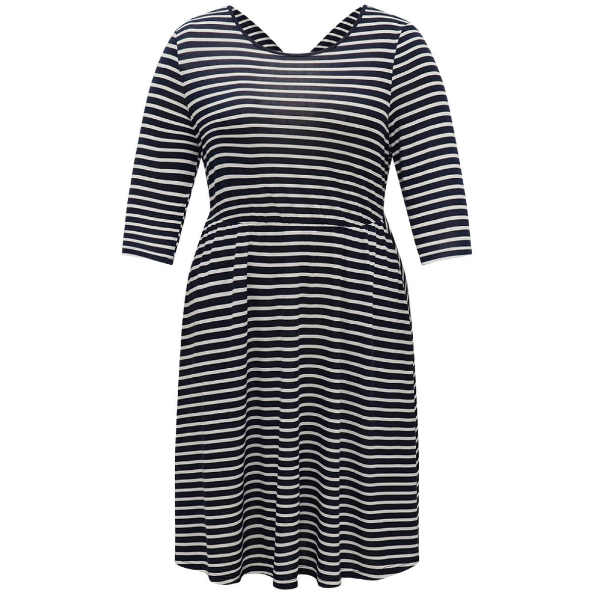 Plus Size Striped Crew Neck Pocket Twist Back Dress Indigo Women Casual Elastic Waist Round Neck Elbow-length sleeve Curvy Midi Dress BloomChic 12/L Product Image
