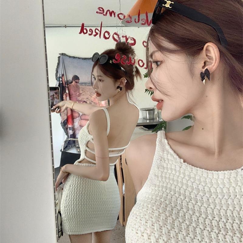 Sleeveless Round Neck Plain Backless Knit Mini Sheath Dress Product Image