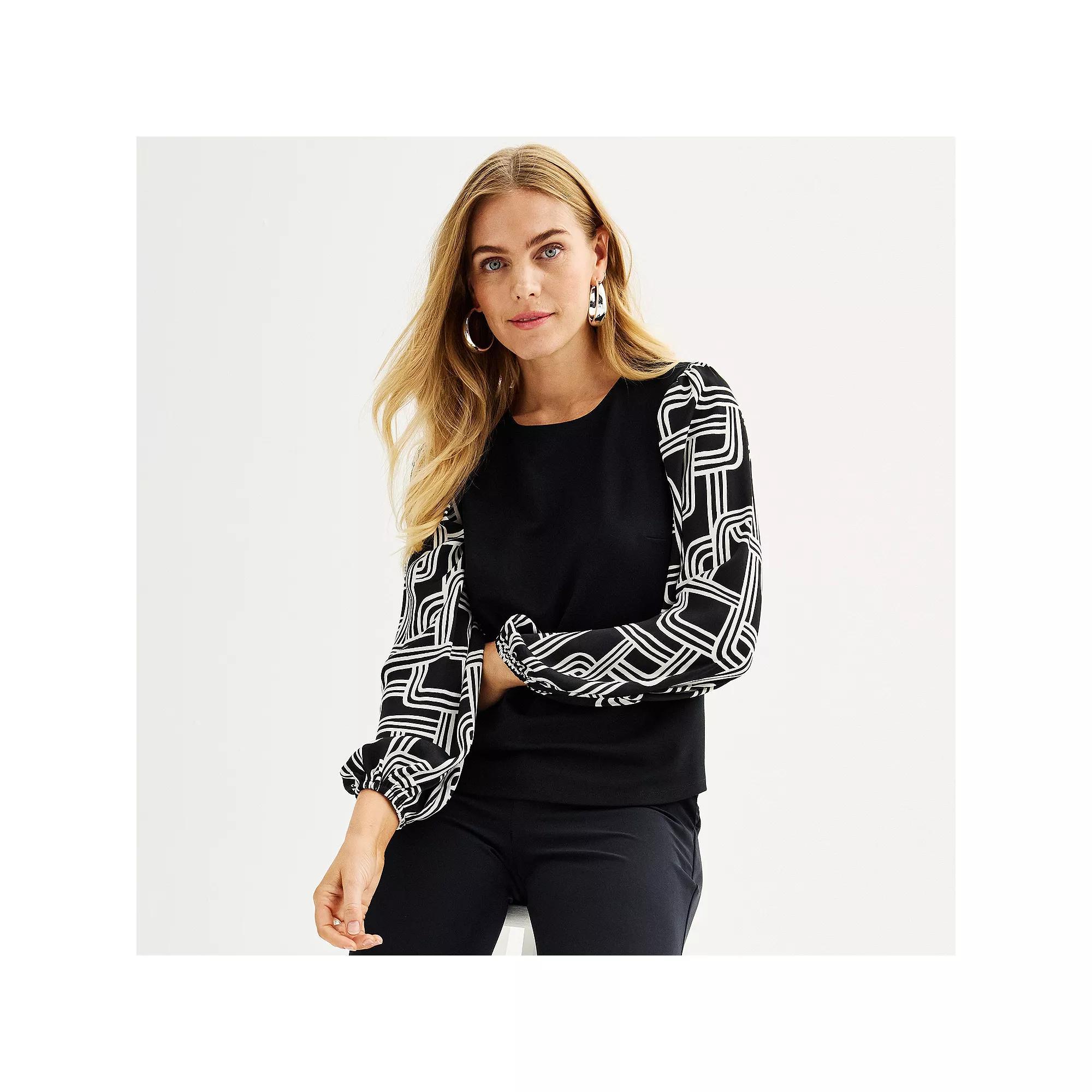 Petite Nine West Puff-Sleeve Mixed Media Top, Women's, Size: Small Petite, Black Product Image