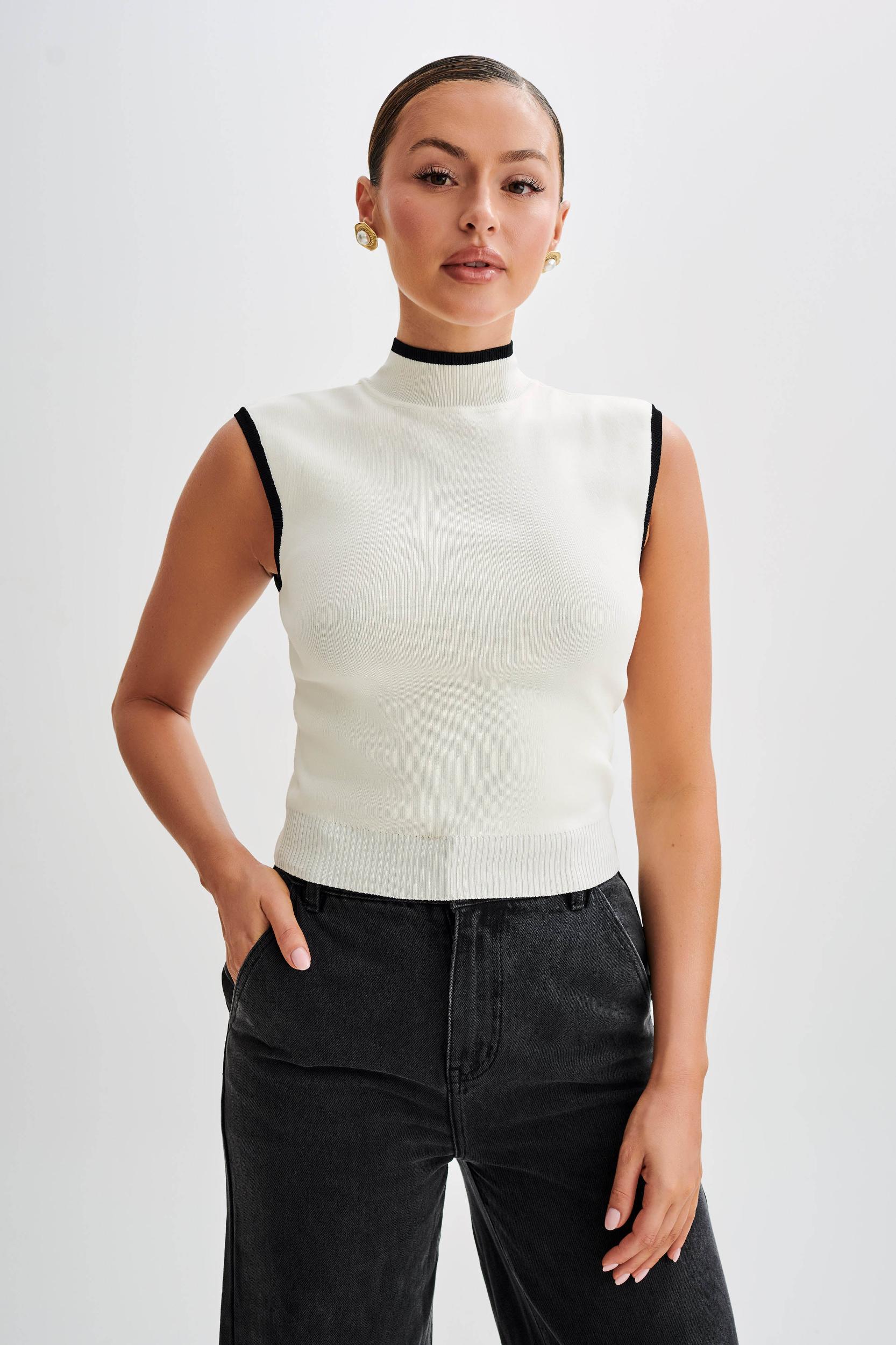 Laurina High Neck Contrast Top - Ivory Product Image