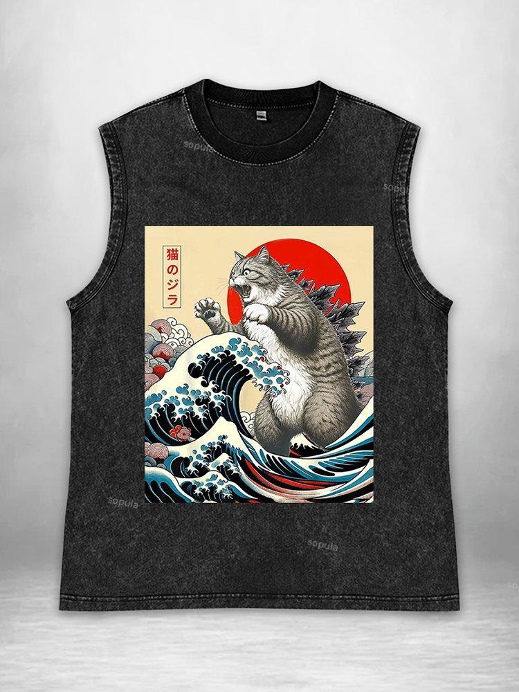 Vintage Catzilla Graphic Acid Washed Tank Tops Product Image