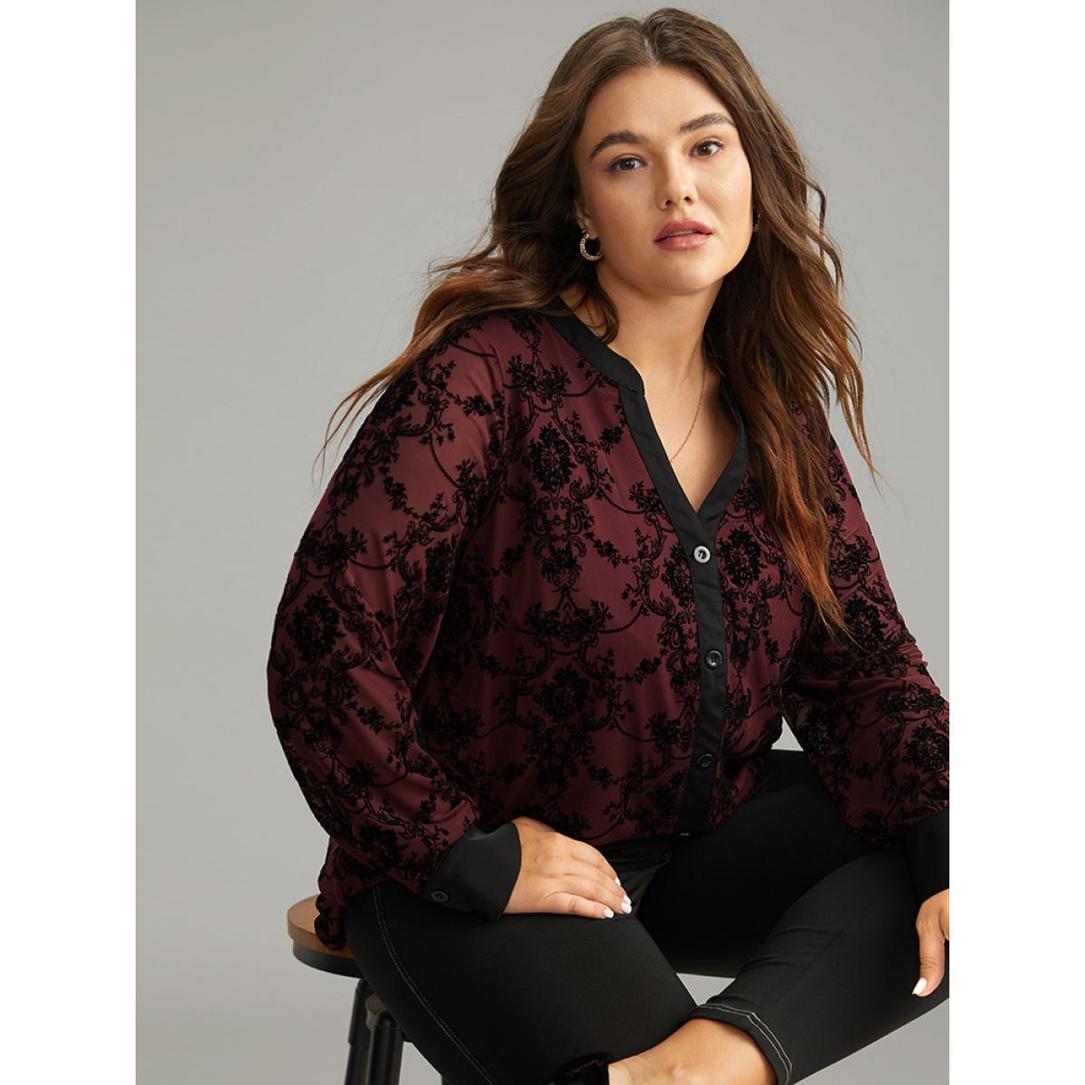 Plus Size DarkGreen Floral Print Mesh V Neck Blouse Women Elegant Long Sleeve V-neck Dailywear Blouses BloomChic 18-20/2X Product Image