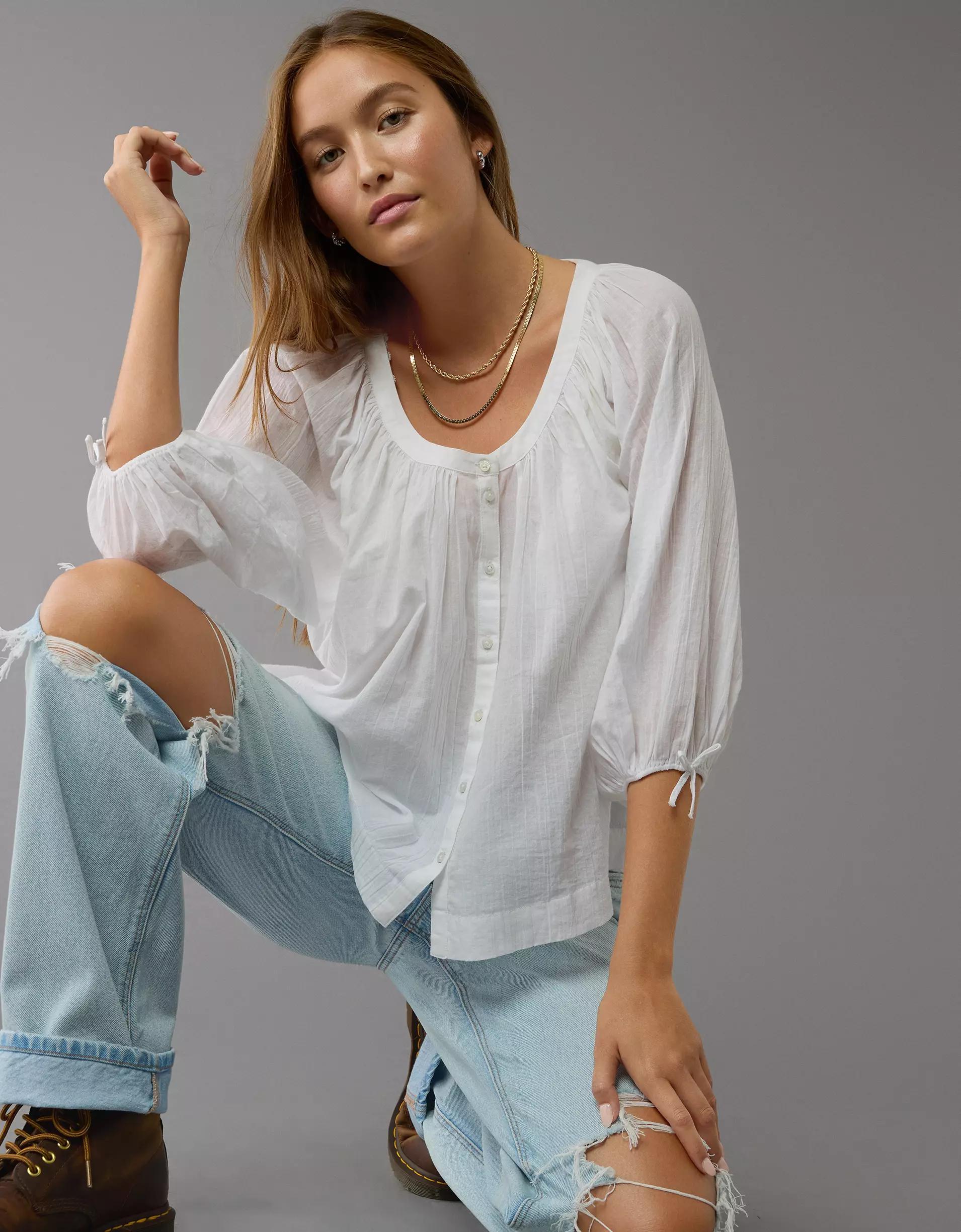 AE Long-Sleeve Open Neck Blouse Product Image