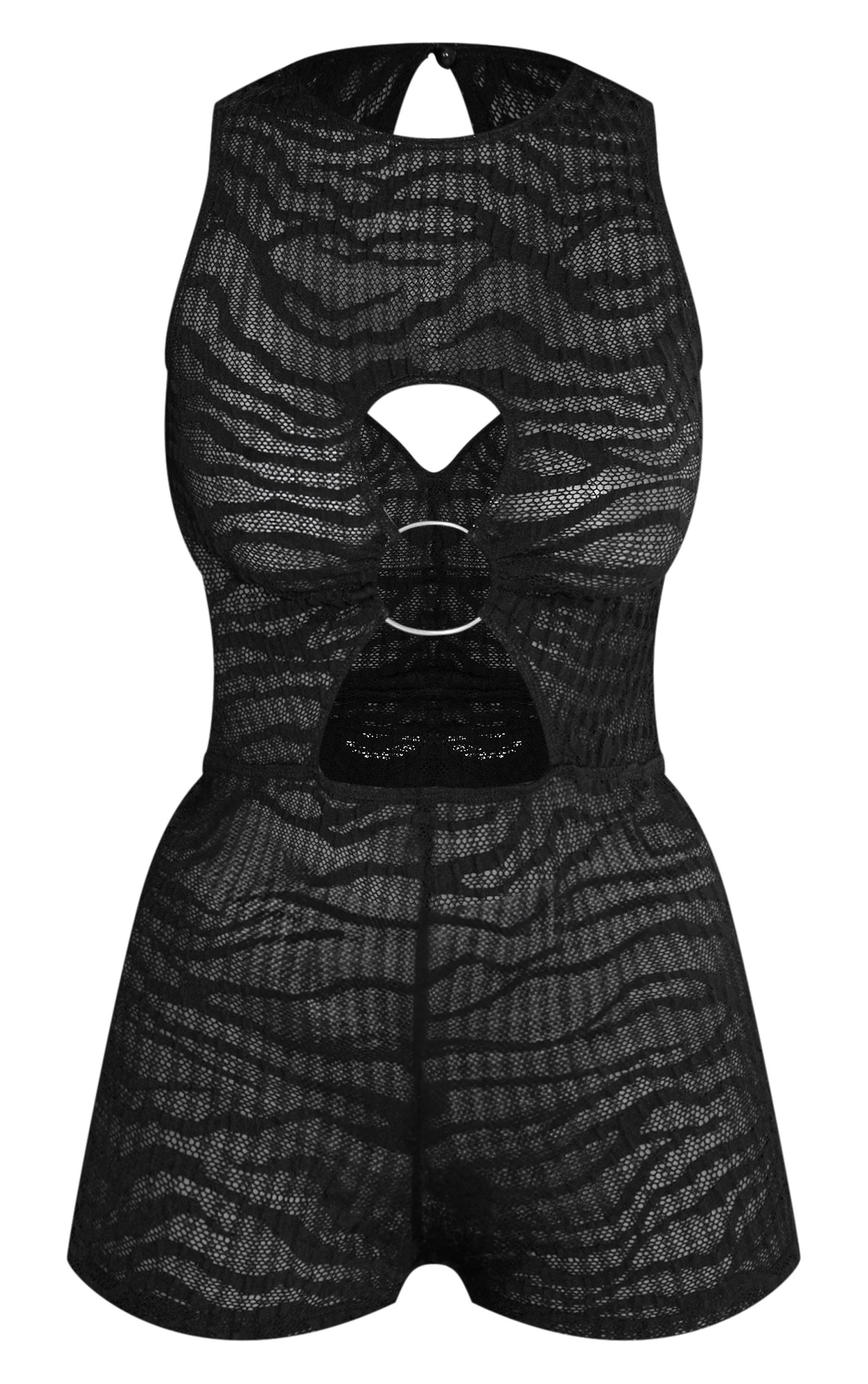 Black Sheer Textured Jersey Ring Detail Cut Out Romper Product Image