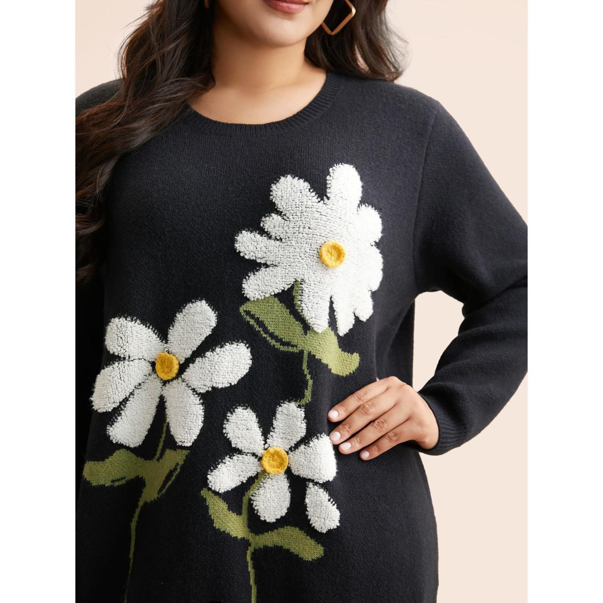 Plus Size Round Neck Floral Contrast Texture Pullover Indigo Women Playful Long Sleeve Round Neck Casual Pullovers BloomChic 30/6X Product Image