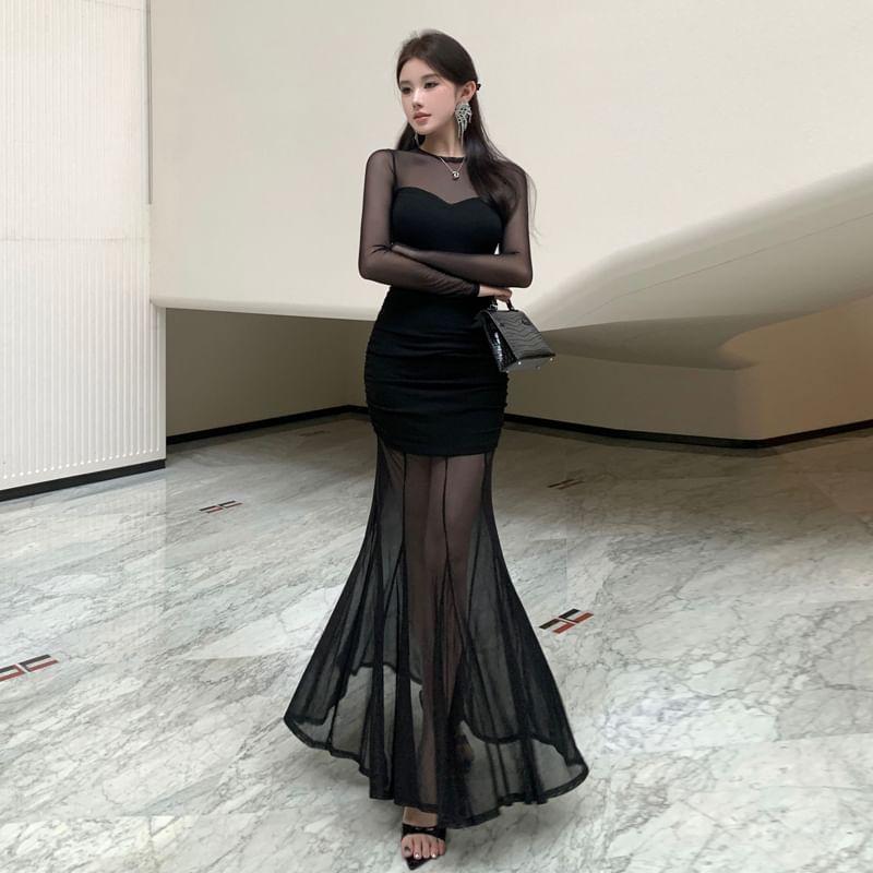 Long Sleeve Crew Neck Sheer Panel Mermaid Maxi Dress Product Image