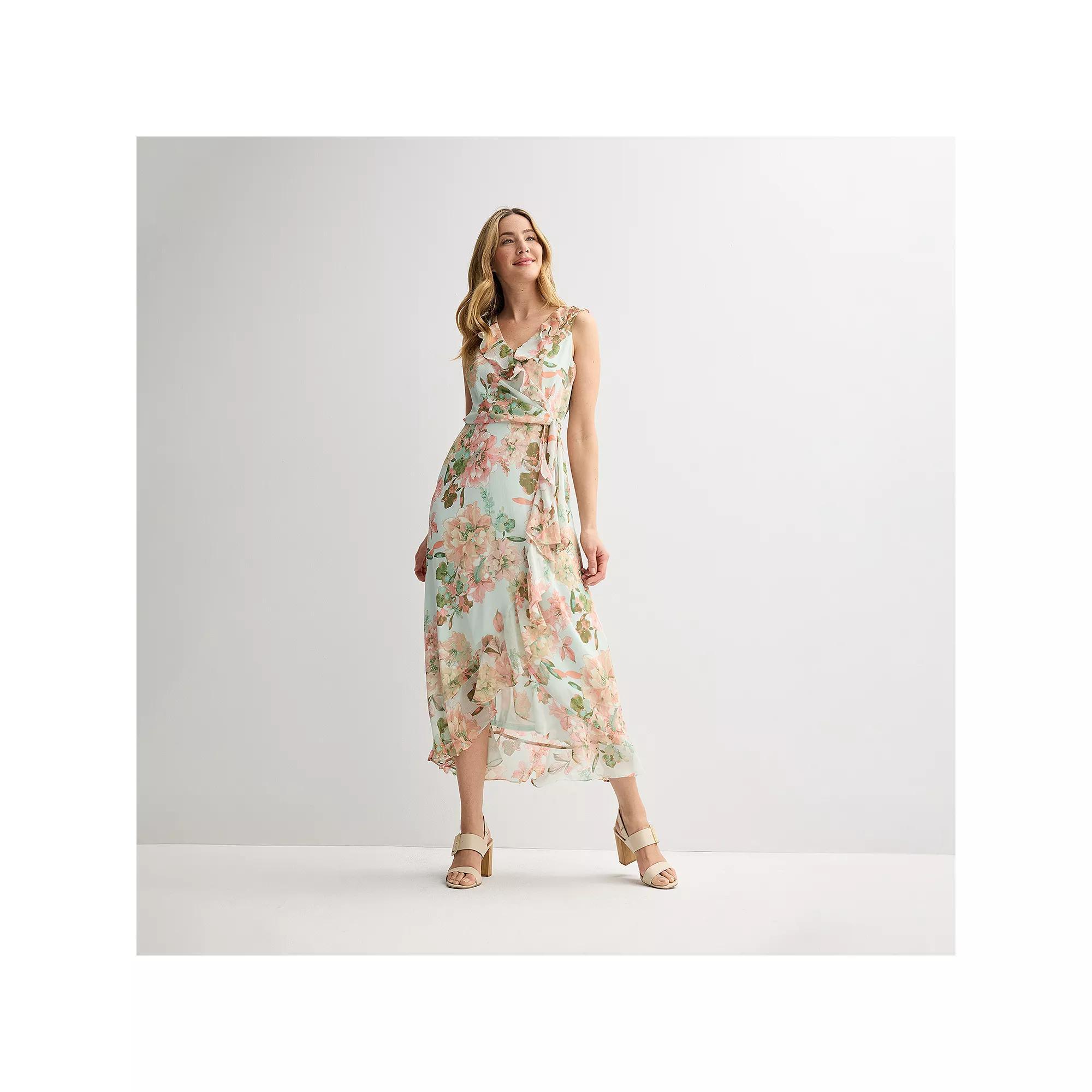 Women's London Times Ruffled Chiffon Maxi Dress, Size: 6, Aqua Pink Product Image