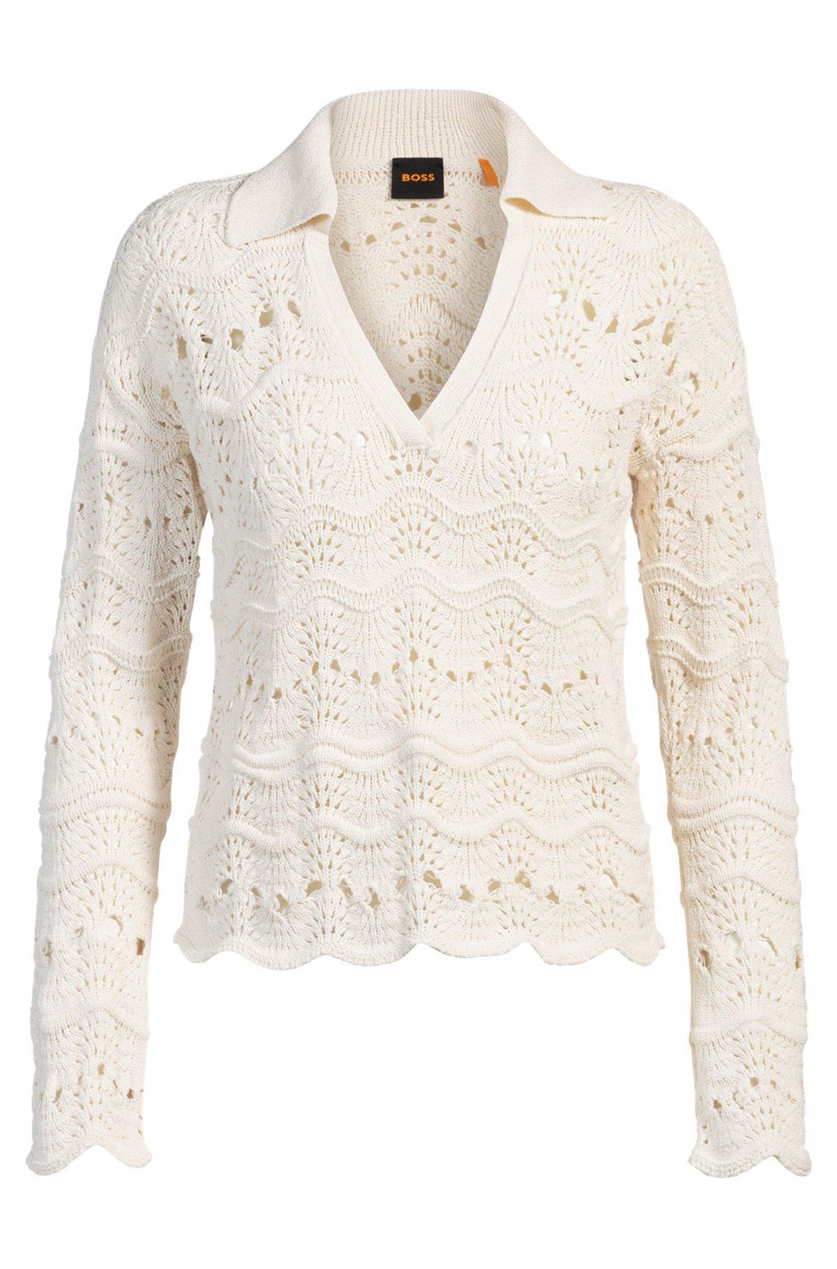 BOSS - Johnny-collar sweater with open-knit structure - White Product Image