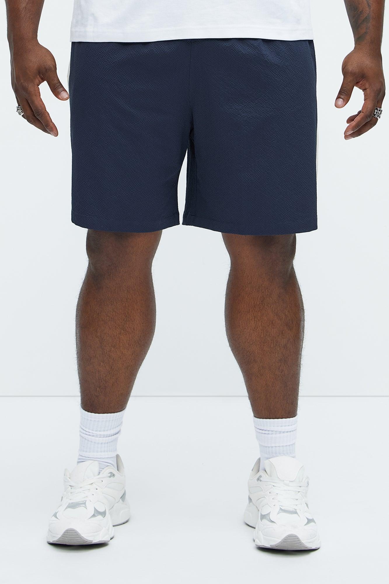 Crinkle Texture Taped Relaxed Shorts - Navy Product Image