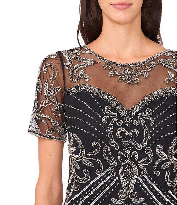 Pisarro Nights Mesh Short Sleeve Beaded Sheath Gown Product Image