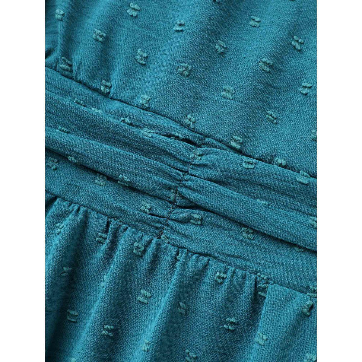 Plus Size Textured Stretchy Pleated Waist Midi Dress Aegean Women Overlap Collar Short sleeve Curvy BloomChic 30/6X Product Image