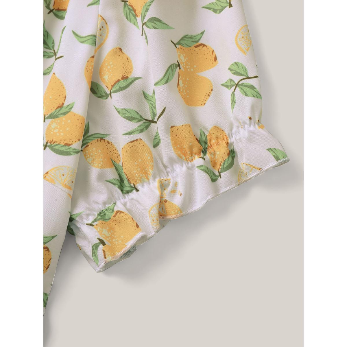 Plus Size Lemon Print Surplice Stretchy Waist Midi Dress Ivory Women Elegant Overlapping Overlap Collar Short sleeve Curvy BloomChic 18-20/2X Product Image