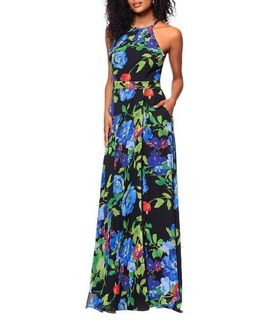 Betsy & Adam Chiffon Floral Print Halter Neck Sleeveless Blouson Gown Product Image