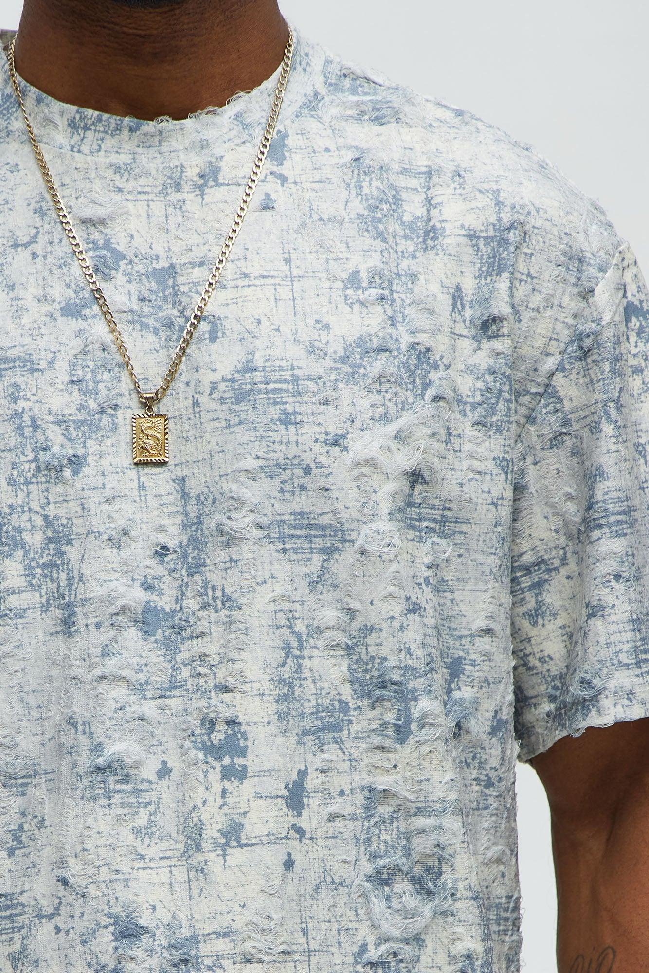 Distressed Relaxed Short Sleeve Tee Shirt - Cream Male Product Image