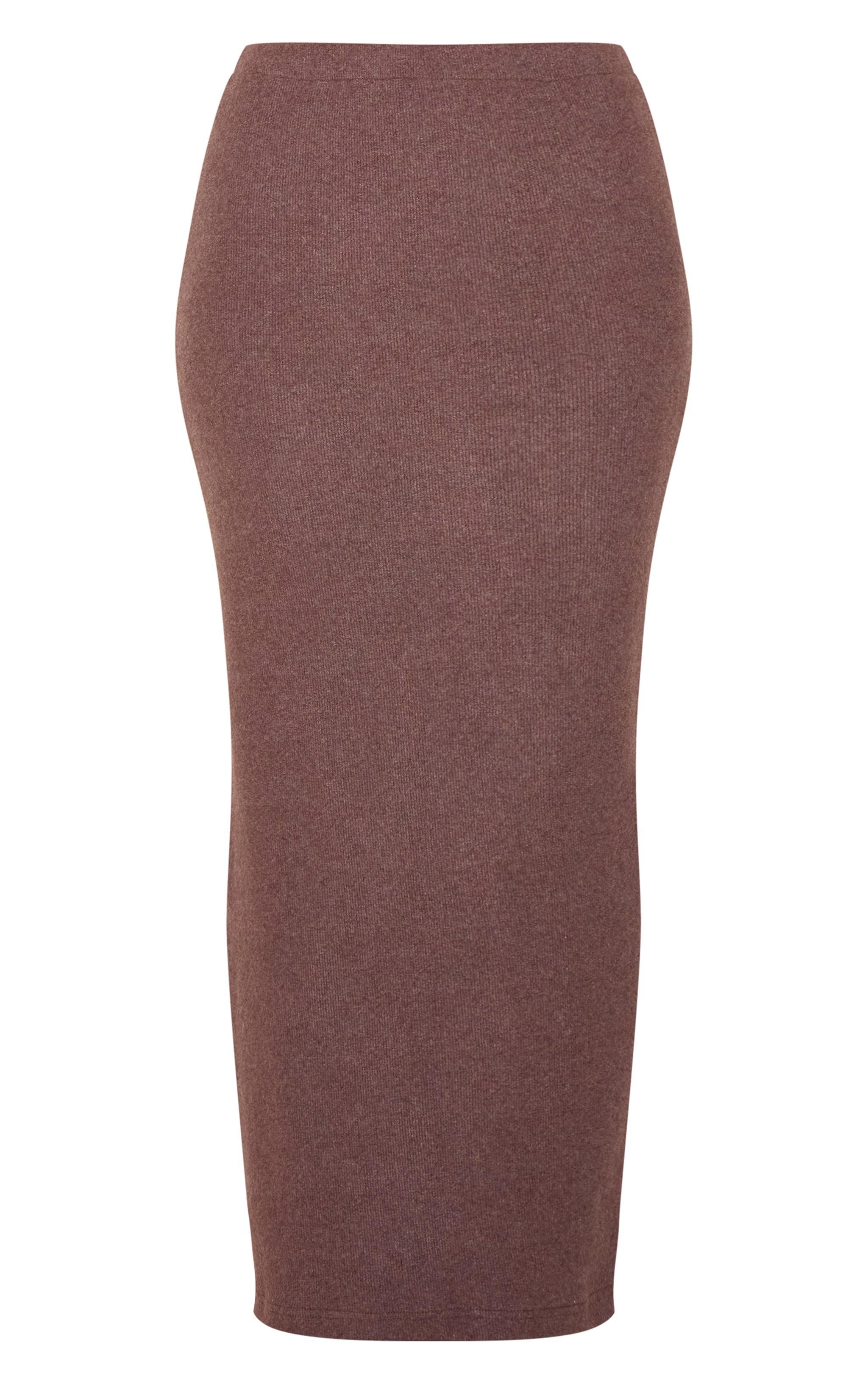 Chocolate Brown Brushed Rib Mid Rise Maxi Skirt Product Image