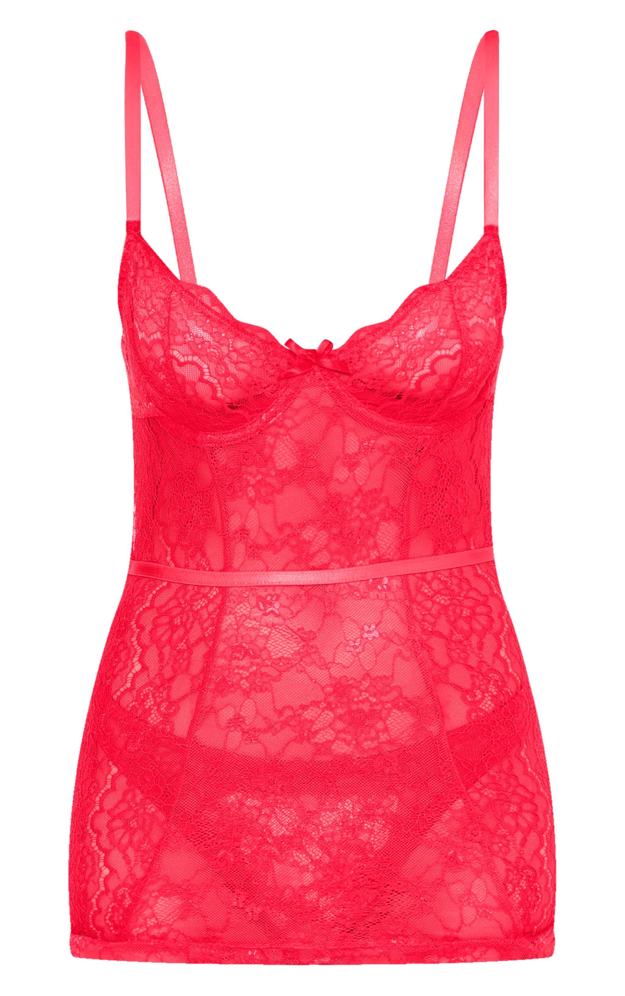 Red Lace Underwired Slip Dress Lingerie Set Product Image