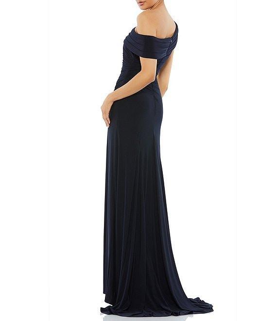 Mac Duggal One Shoulder Cap Sleeve Ruched Thigh High Slit Faux Wrap Gown Product Image