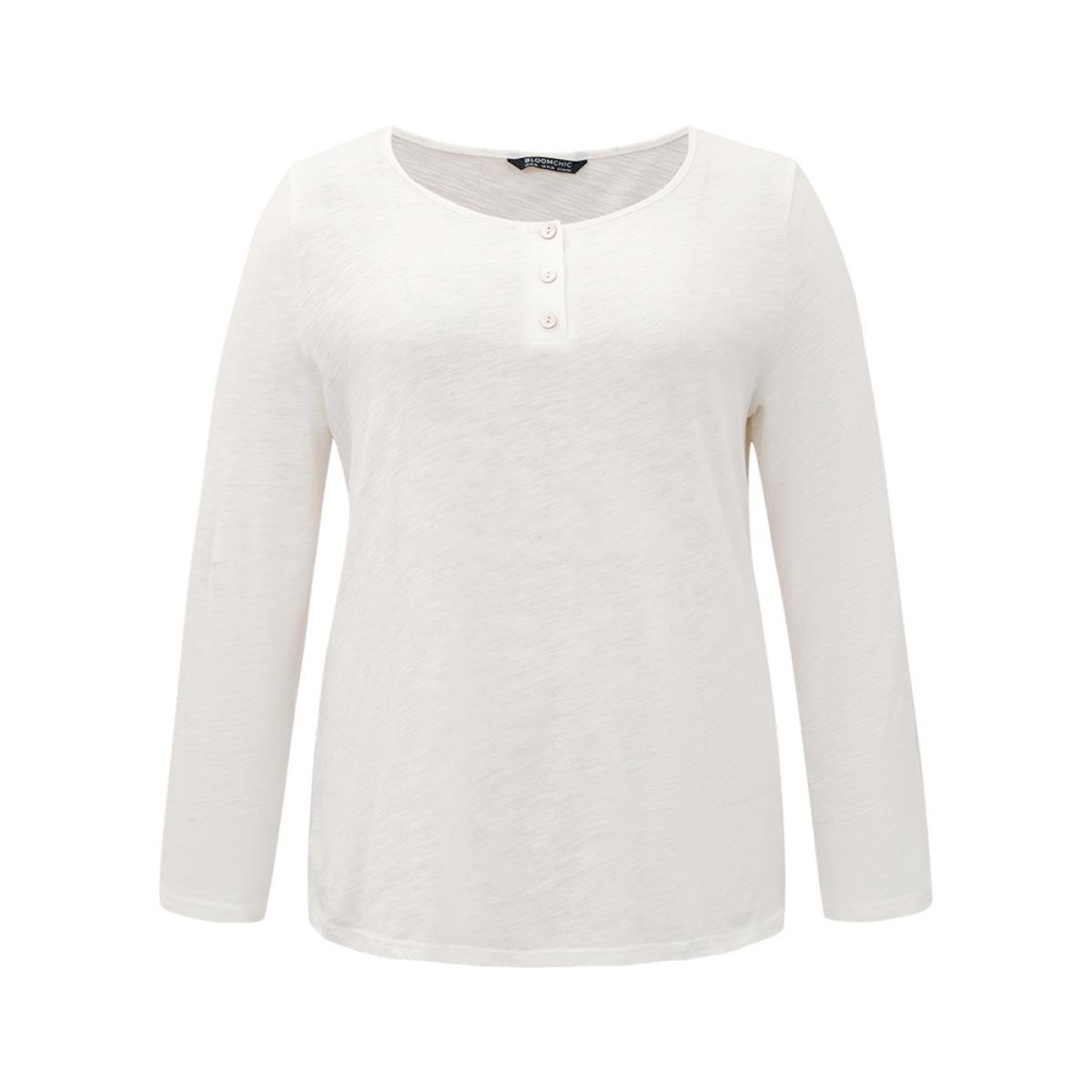 Plus Size Cotton Solid Button Up Crew Neck T-shirt White Women Casual Plain Plain Open Front Dailywear T-shirts BloomChic 14-16/1X Product Image