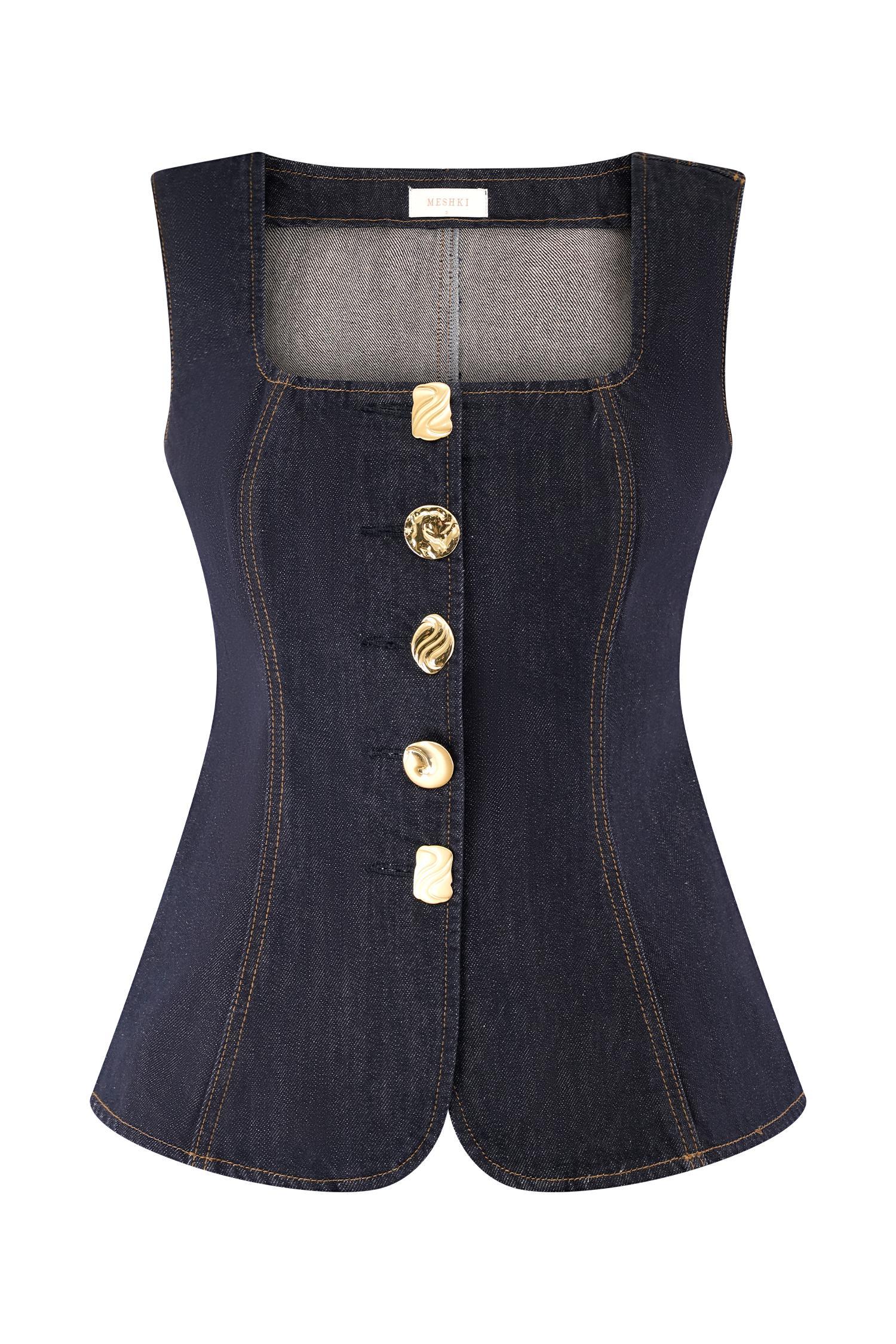 Neve Sleeveless Buttoned Denim Top - Washed Indigo Blue Product Image