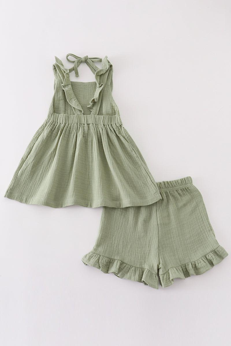 Premium Sage muslin ruffle shorts set Product Image