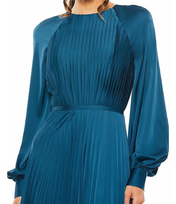 Mac Duggal Crew Neck Long Blouson Cuff Sleeve Pleated High Slit Gown Product Image
