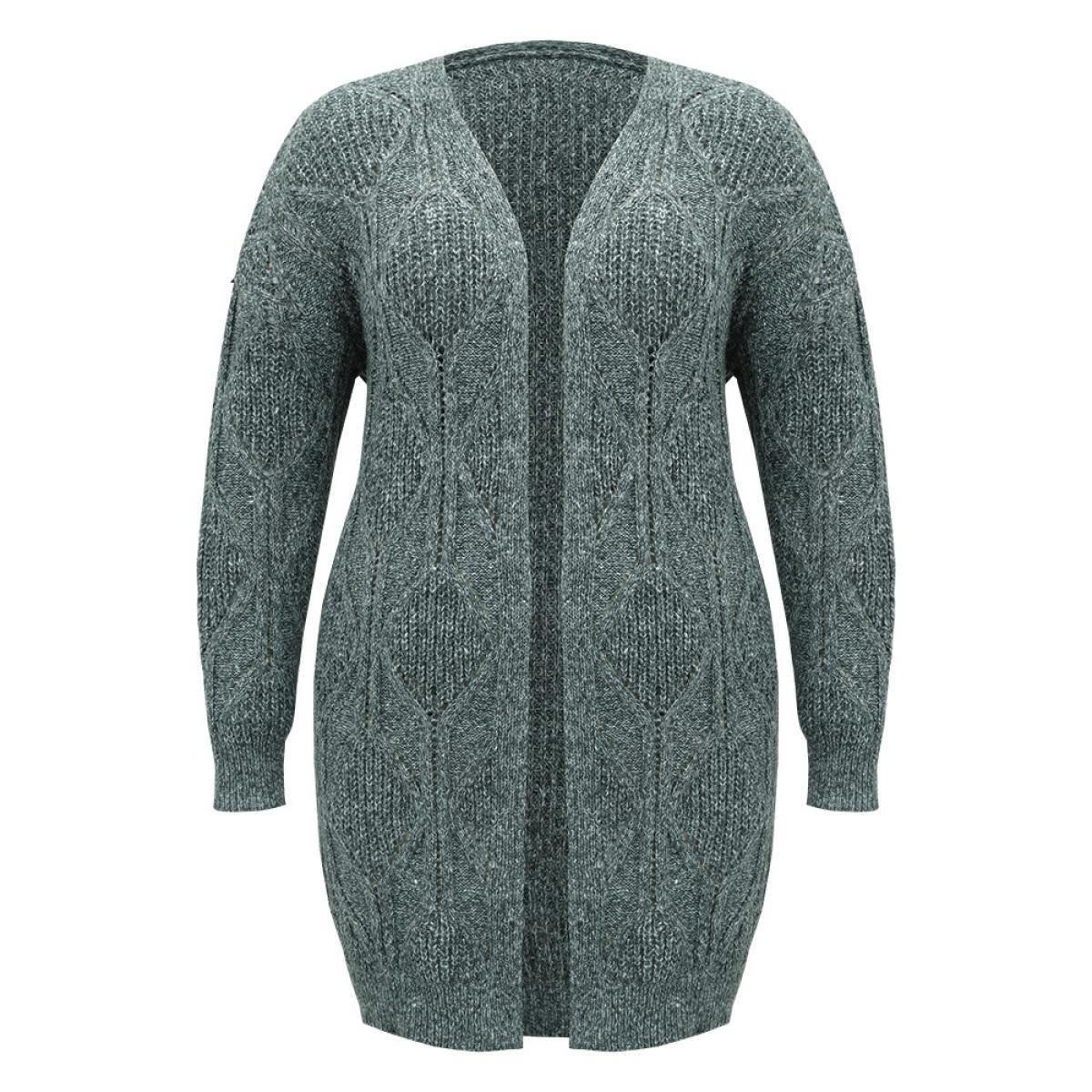 Plus Size Plain Cable Knit Drop Shoulder Cardigan DarkGreen Women Casual Loose Long Sleeve Dailywear Cardigans BloomChic 10/M Product Image