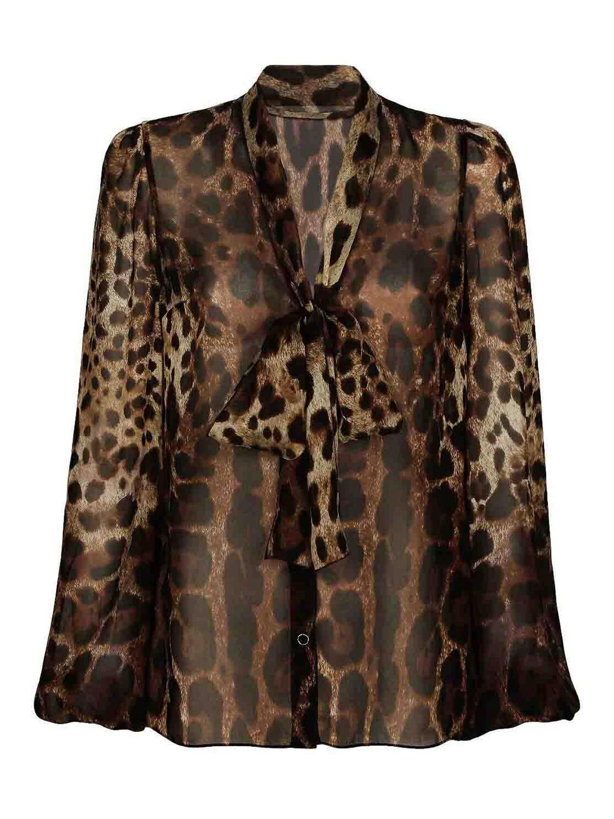 DOLCE & GABBANA Pussy-bow Leopard-print Chiffon Shirt In Brown Product Image