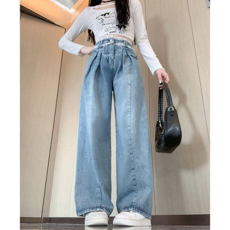 High-Waist Lace Trim Loose Fit Straight Leg Jeans Product Image