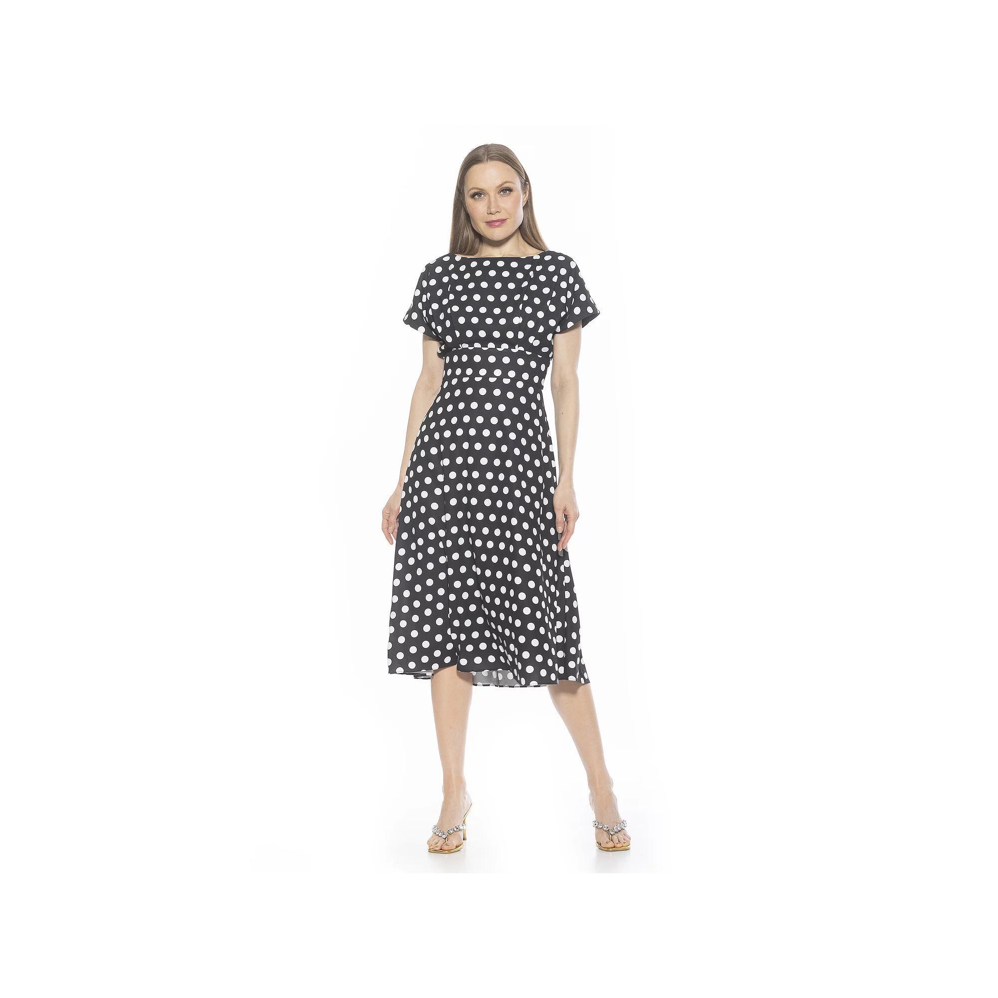 Women's ALEXIA ADMOR Dolman Midi Fit & Flare Dress, Size: 8, Black White Dots Product Image