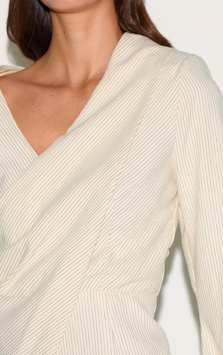  Cream Pinstripe Peachskin Wrap Front Long Sleeve Romper Product Image