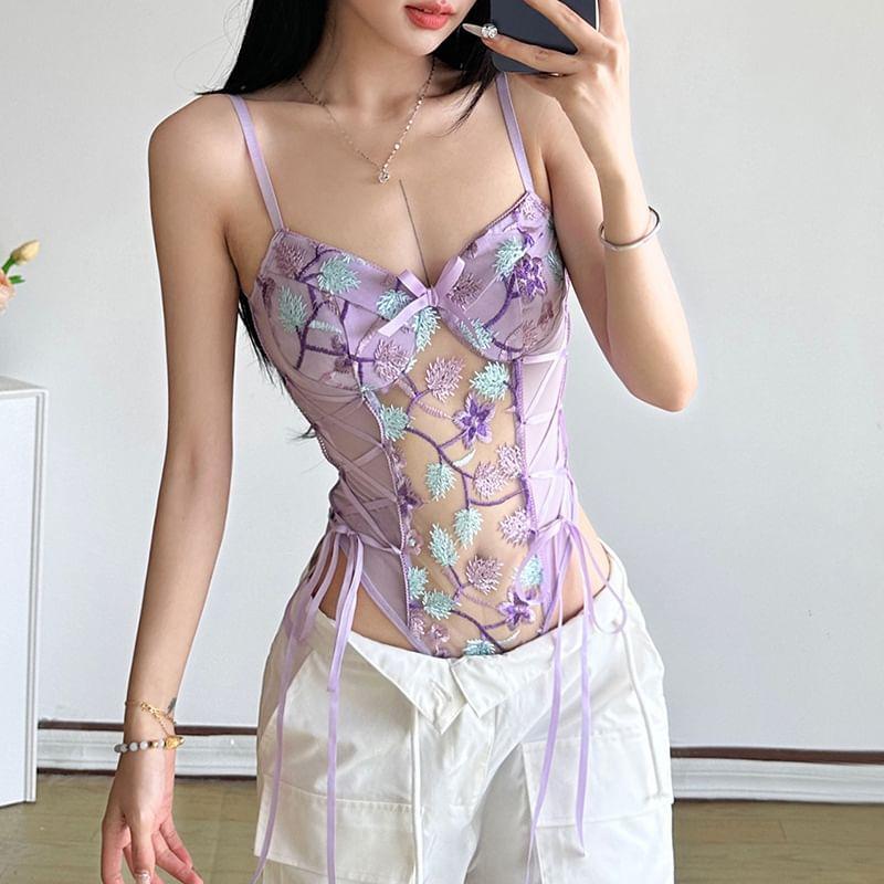 Spaghetti Strap Embroidered Bodysuit Top Product Image