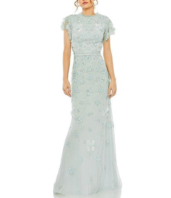 Mac Duggal Floral Embellished Mesh Crew Neck Short Flutter Sleeve Gown Product Image