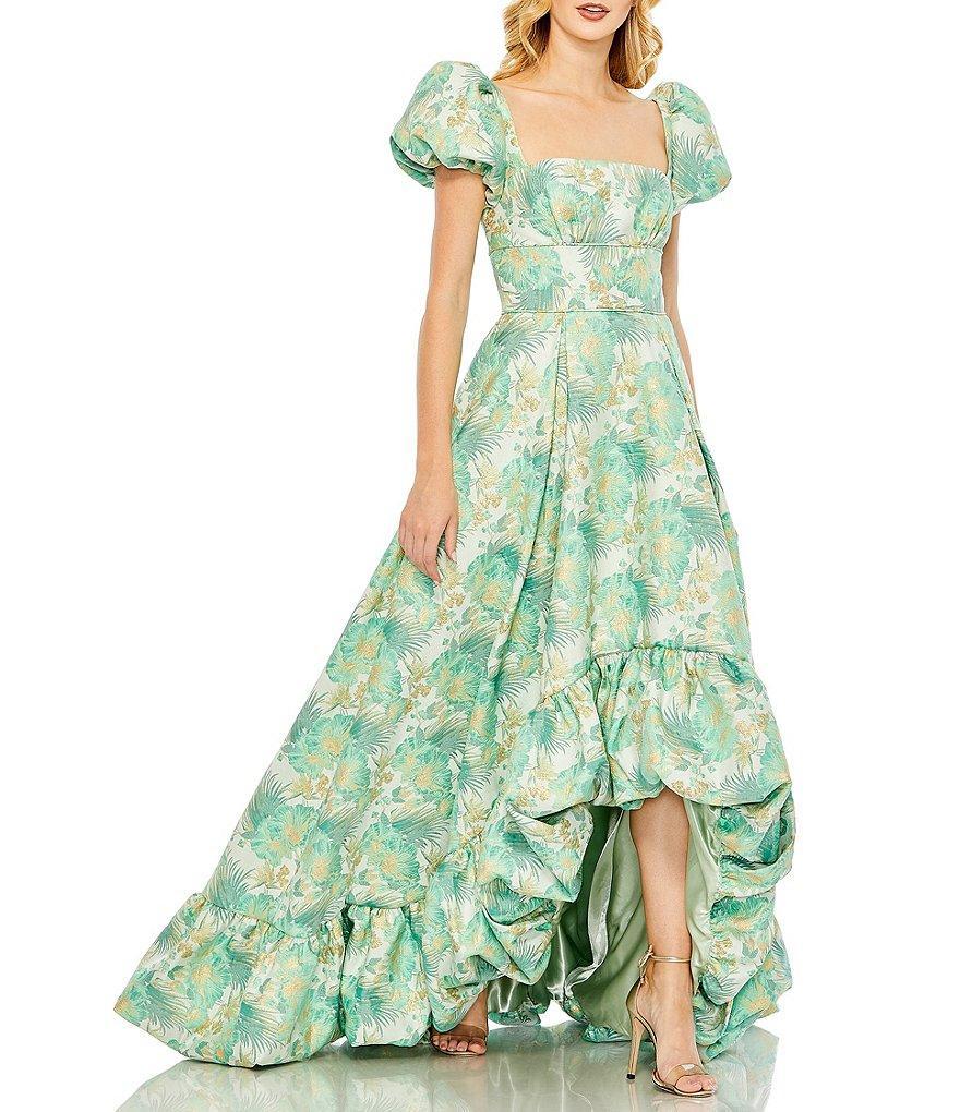 Mac Duggal Floral Print Square Neck Short Puffed Sleeve High-low Brocade Ball Gown Product Image