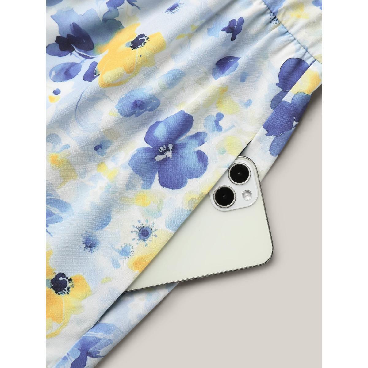 Plus Size Blooming Flowers Puff Sleeve Stretchy-Waist Dress LightBlue Women Elegant Non V-neck Short sleeve Curvy BloomChic 14-16/1X Product Image