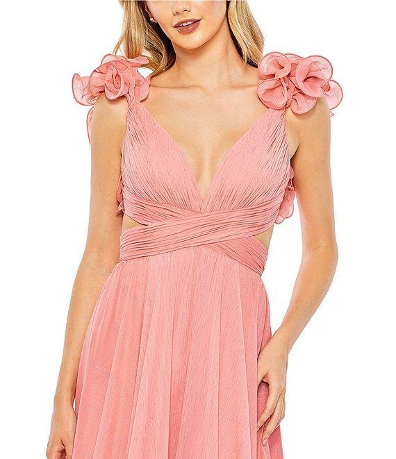 Mac Duggal V-Neck 3D Ruffle Shoulder Lace Back Chiffon A-line Gown Product Image