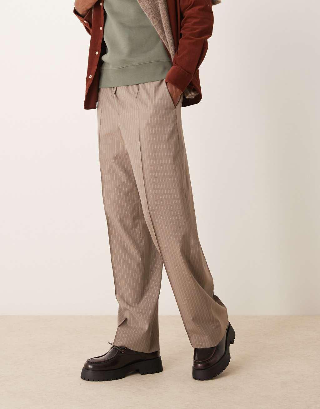 ASOS DESIGN pull on smart wide leg pants in brown pinstripe Product Image