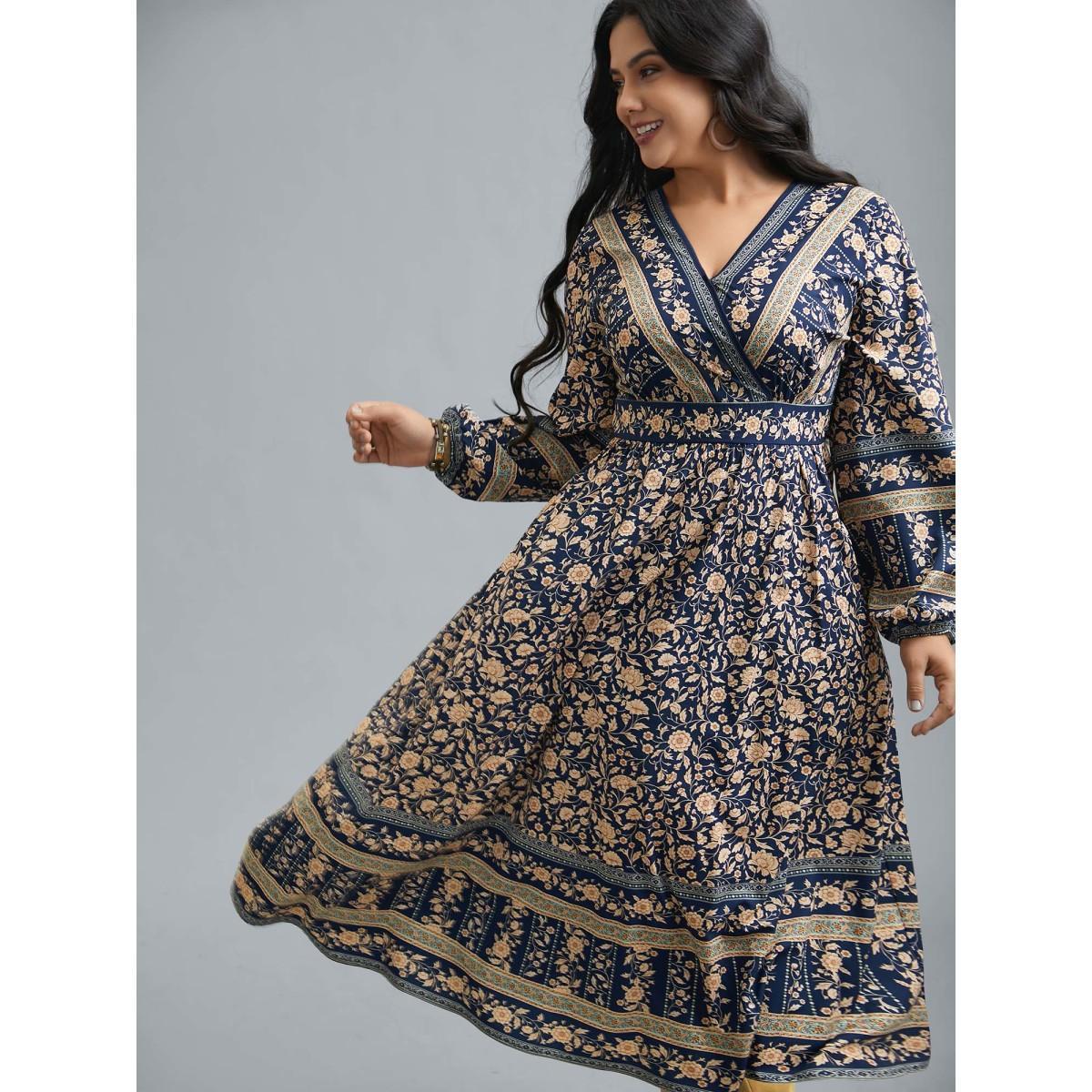 Plus Size Surplice Neck Boho Print Elastic Waist Dress Indigo Women Resort Non Overlap Collar Long Sleeve Curvy BloomChic 12/L Product Image