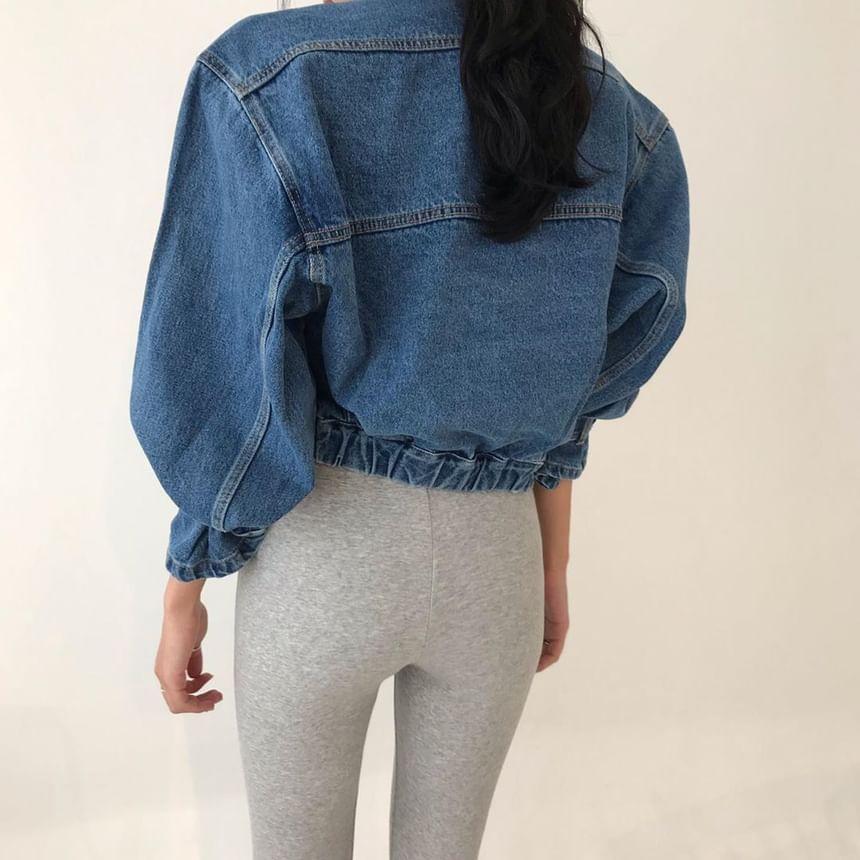 Collared Washed Button-Up Denim Crop Jacket Product Image