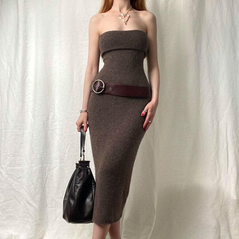 Sleeveless Plain Knitted Midi Bodycon Dress Product Image