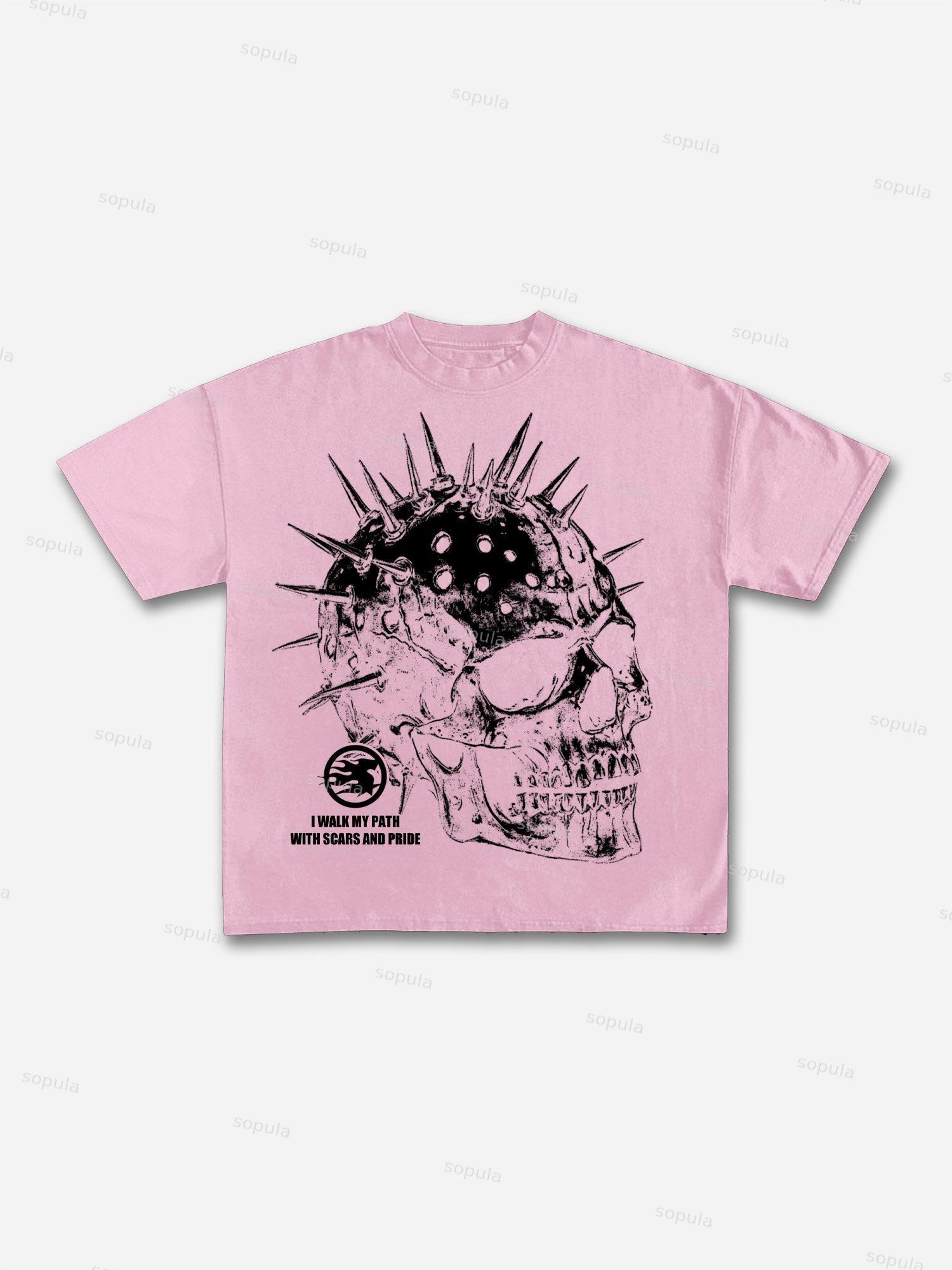 Metallic Spiked Skull Retro Graphic Cotton T-shirt Product Image