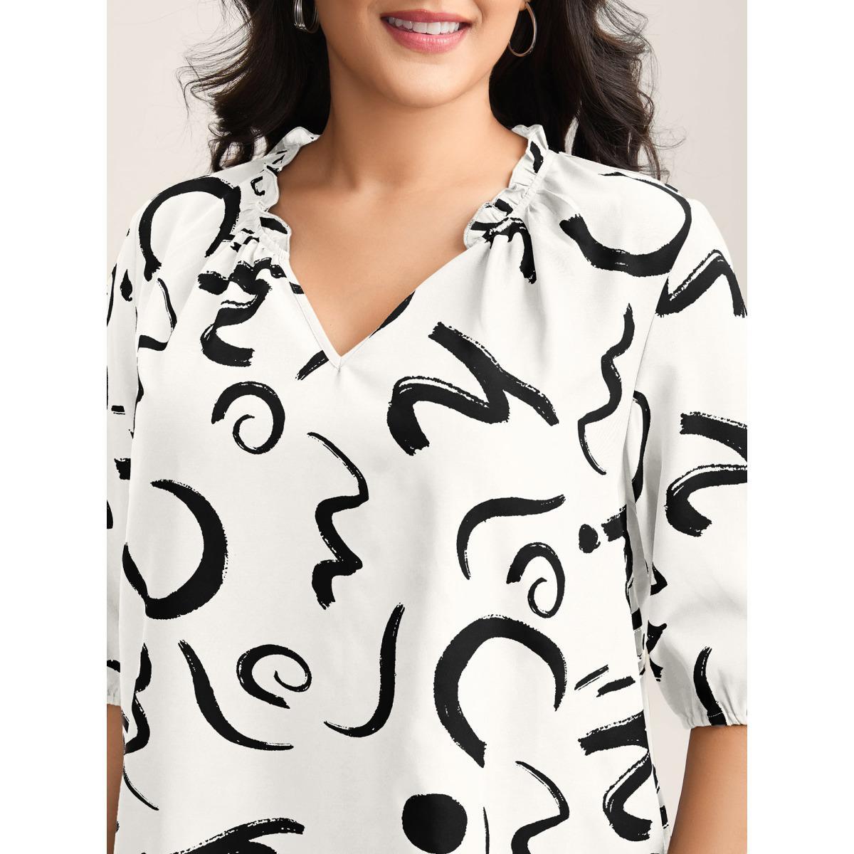 Plus Size Originalwhite Scribble Print Ruffled Split Neck Blouse Women Elbow-length sleeve Notched collar Work Blouses BloomChic 12/L Product Image