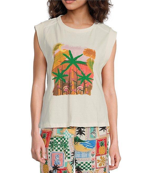 Skies Are Blue Tropical Palm Printed Crew Neck Sleeveless Graphic Tee Product Image